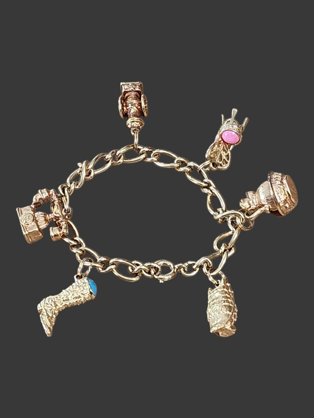 Vintage Bracelet Avon Charm Boot Owl Chair Goldtone 7 inchesGood Preloved Cond.